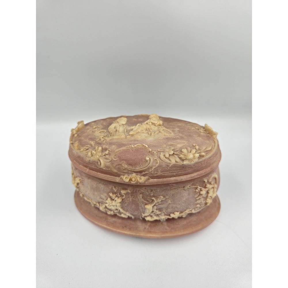 Vintage Incolay Stone Pink Box Victorian Scene Handcrafted USA Jewelry Floral